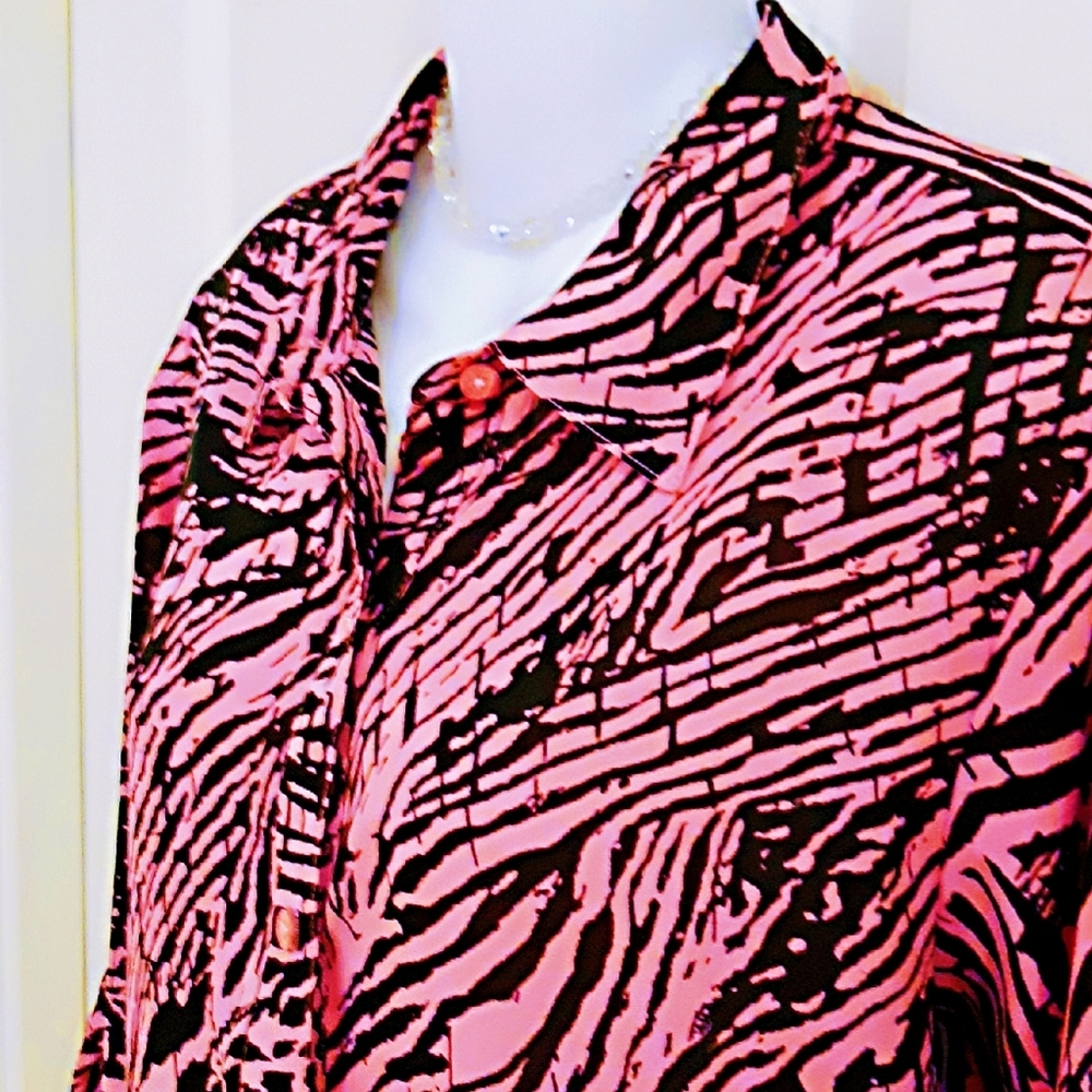 Pink & Black Convertible Sleeve Button Down Blouse